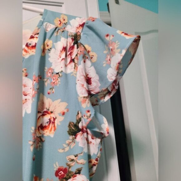 Lord & Taylor Blue Floral Wrap Side Tie Flutter Ruffle Cap Sleeve Mini Dress XS - Picture 3 of 16